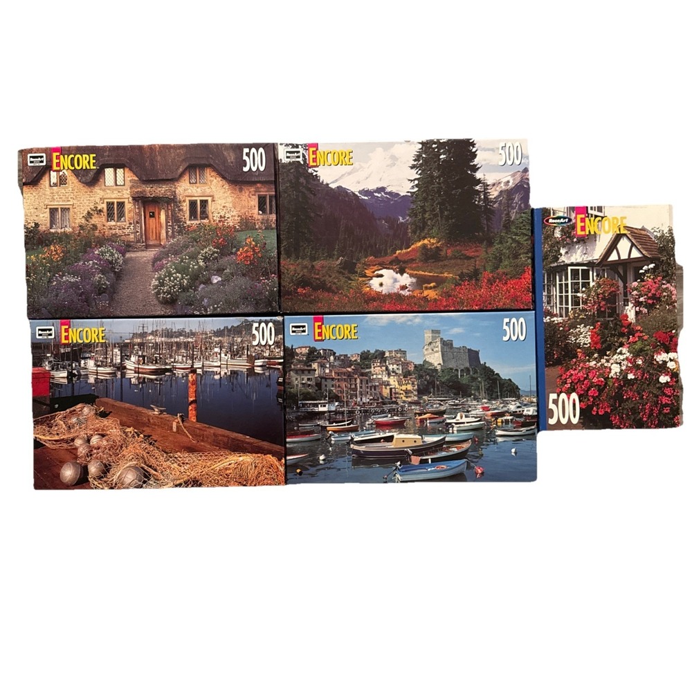 Lot Of 5 Encore 500 Pc Puzzles NOS Vintage Boats Nature Flowers Vibrant Sealed